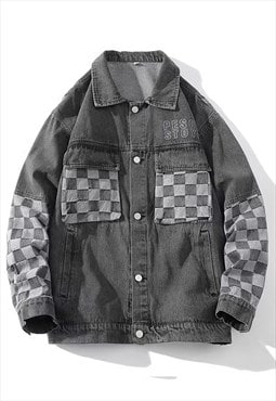 Checked denim jacket washed grey gorpcore plaid jean bomber