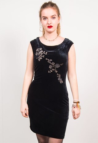 VINTAGE 90'S BLACK VELVET FLORAL MINI DRESS