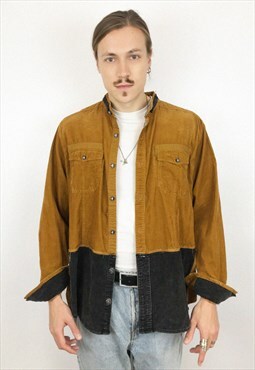 Upcycled Reworked Corduroy Tan Shirt With Grey Patchwork