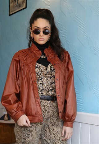 80S TAN SHELL GATHERED SHOULDER SHELL SUIT JACKET