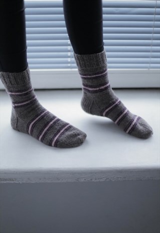 BROWN STRIPED HANDMADE KNITTED WOOL SOCKS
