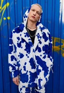 Cow fleece coat handmade 2 in1 animal print jacket in blue