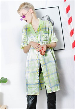 90s grunge y2k artsy checked blue green satin kimono coat