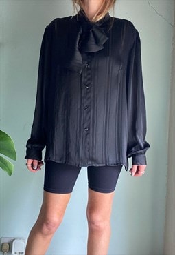 Vintage 80s Black Semi Sheer Pussy Bow Blouse