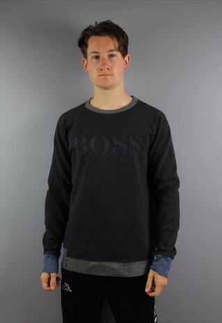 VINTAGE HUGO BOSS SWEATSHIRT IN GREY WITH FELT PRINT LOGO. S