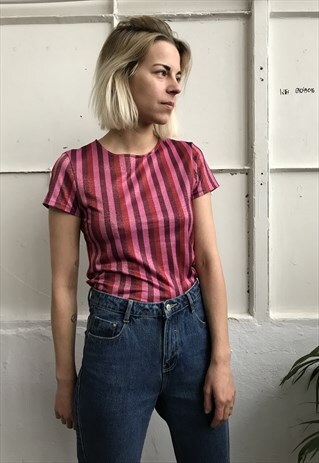 VINTAGE 90' BEAUTIFUL AMAZING SHINY STRUPED PINK CROP TOP