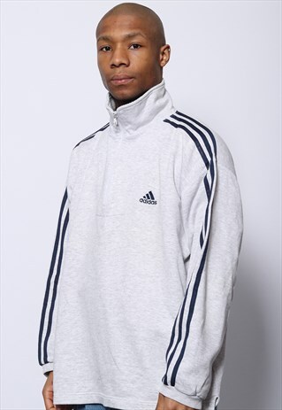 VINTAGE ADIDAS 3 STRIPE LOGO 1/4 ZIP SWEATSHIRT GREY