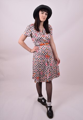 VINTAGE 70'S PINK & GREY FLOWER PRINT DRESS SIZE 12 TO 14