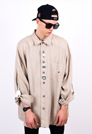 VINTAGE 90S BEIGE LINEN LONG SLEEVE SHIRT