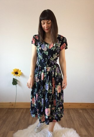 VINTAGE 80S NAVY FLORAL MIDI DRESS