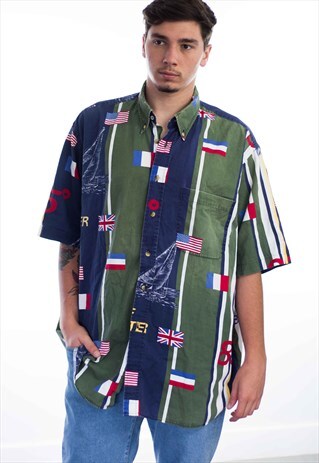 VINTAGE NAUTICA SHIRT BLUE WATER FLAG LOGO 90S XL 11.6