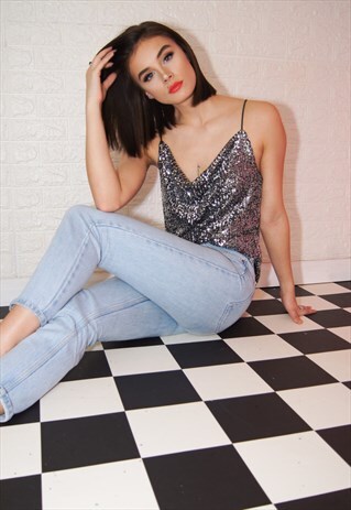 SILVER SEQUIN COWL NECK TOP