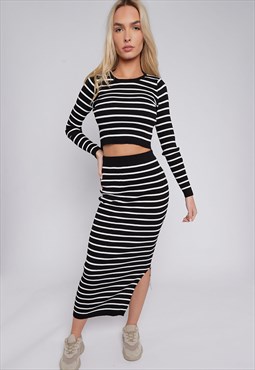 JUSTYOUROUTFIT Striped Knitted Crop Top and Maxi Skirt Set