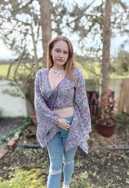 Ladies Recycled Sari Wrap Tops Bell Sleeves 70s Purple