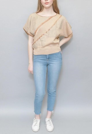 VINTAGE 1970'S MIXED FABRIC FAUX SNAKE DETAIL KNIT TOP