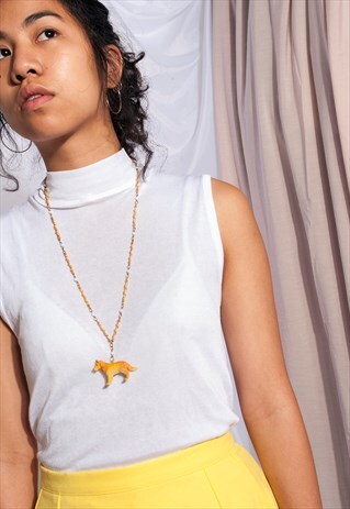 REWORKED VINTAGE GOLDEN NECKLACE W YELLOW PLASTIC DOG