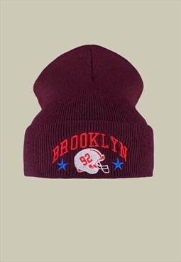Brooklyn Varsity Embroidered Beanie Hat in Burgundy