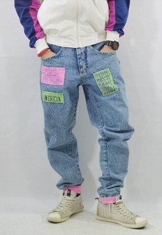 VINTAGE 80' OLDSCHOOL UNISEX DENIM TROUSERS WITH BADGES