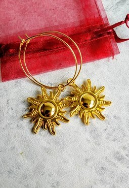 Celestial Sun Hoop Earrings Bright Gold