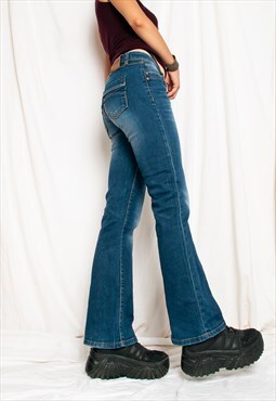 Vintage Flare Jeans Y2K Fairy Rave Denim Pants in Blue