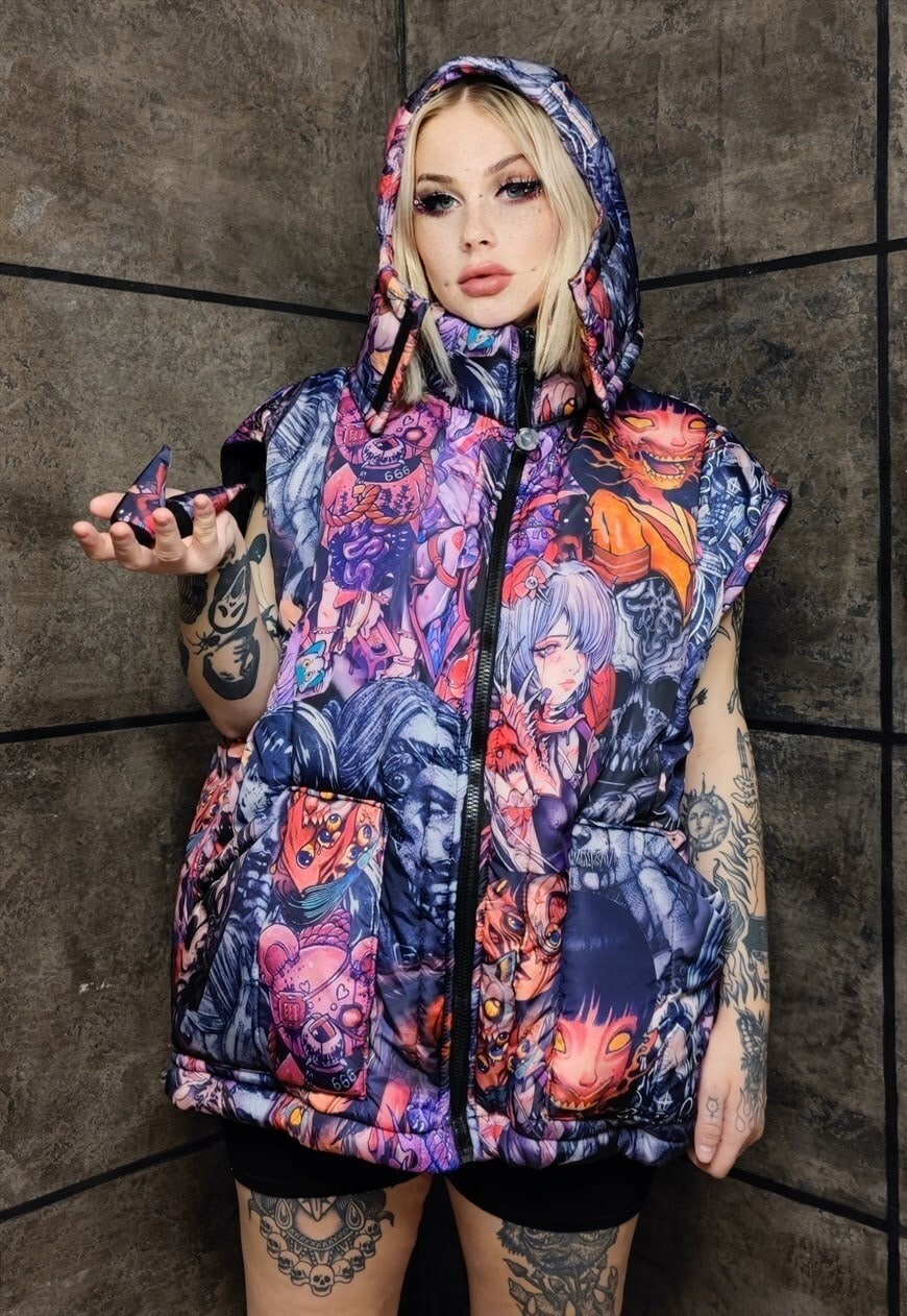 Sandy Liang Luna Eye Print Puffer Jacket In Galaxy Print | ModeSens