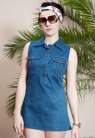 70S VINTAGE BLUE, MINI SLEEVE BUTTONED DENIM DRESS