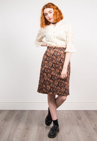 VINTAGE 90'S BROWN PAISLEY PATTERN MIDI PENCIL SKIRT