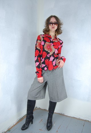 VINTAGE Y2K FLORAL PRINT ABSTRACT FITTING BLOUSE IN HOT RED