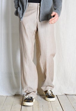 Vintage 90s Beige Striped Pinstripe Linen Wool Mens Pants