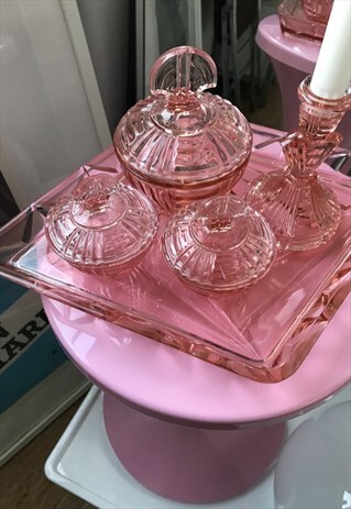 ANTIQUE HOLLYWOOD VINTAGE 30S PINK ART DECO GLASS VANITY SET
