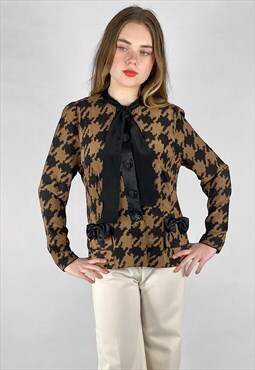80's Vintage Ladies Brown Black Dogtooth Pussy Bow Jacket