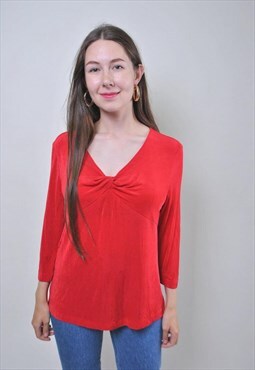 Vintage minimalist red blouse, retro casual shirt 