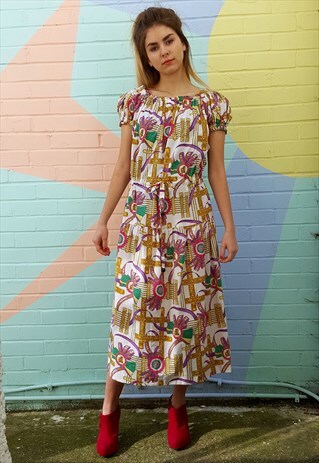 VINTAGE 80S LONG WHITE DRESS WITH JEWEL PRINT