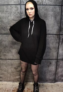 Korean knitted hoodie long lace knitwear pullover in black