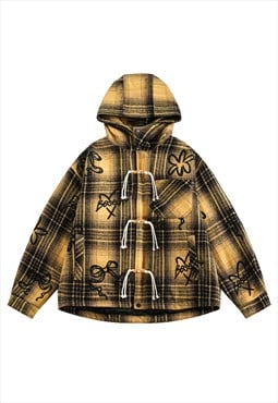 Plaid duffle coat yellow checked woolen hooden bomber 