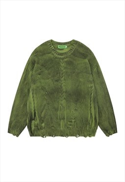 Tie-dye sweater knitted cable jumper ripped Y2K top in green