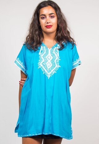 90'S VTG BLUE HIPPIE EMBROIDERED FESTIVAL MINI TUNIC DRESS