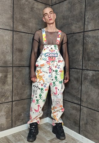 Psychedelic graffiti dungarees cartoon print denim overalls 