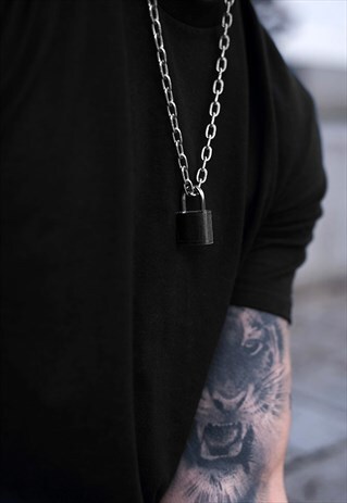 20" 30MM PADLOCK OVAL STEEL NECKLACE CHAIN - SILVER/BLACK
