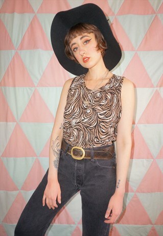 VINTAGE 90S PLEATED ANIMAL TIGER PRINT TANK TOP