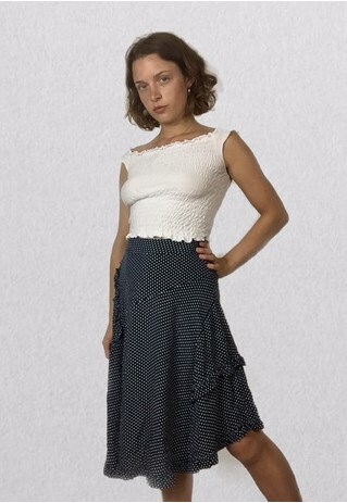 VINTAGE 90S 70S PRAIRIE BLUE POLKA DOT FRILL TIERED SKIRT