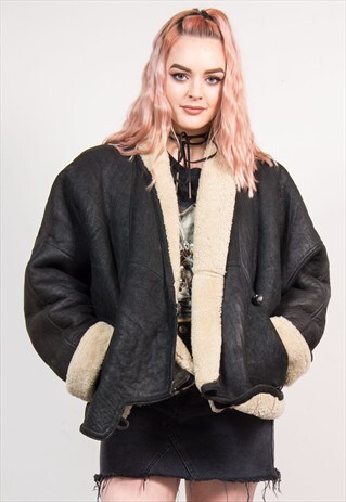 90'S VINTAGE BLACK SUEDE AVIATOR FLIGHT SHEEPSKIN JACKET
