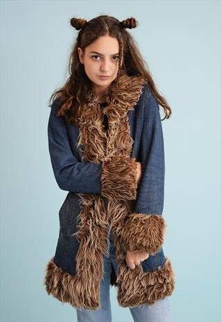 90'S RETRO FAUX FUR DETAILED MOM'S DENIM SHEARLING COAT