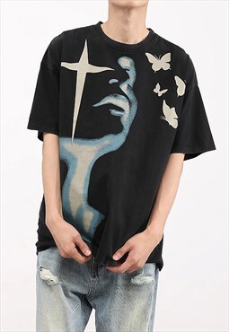 Black Washed Graphic Cotton oversized T shirt tee