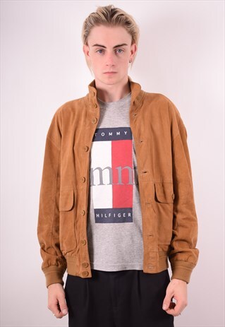 MENS VINTAGE LEATHER SUEDE BOMBER JACKET LARGE BROWN 90S