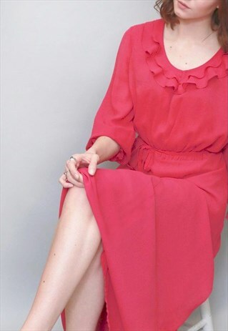VINTAGE 1970'S VIBRANT HOT PINK RUFFLED MAXI DRESS
