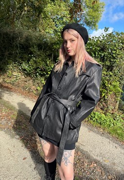 Vintage Rare Black Leather 80s Leather Trench Coat