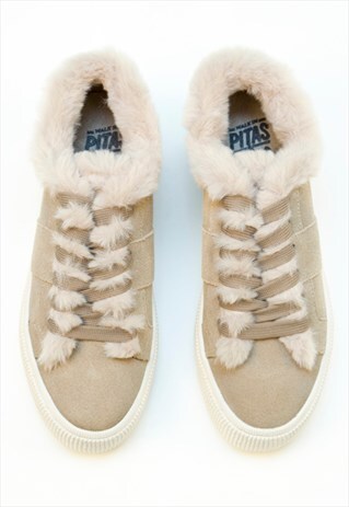 WALK IN PITAS CREAM SUEDE AND FAUX FUR TRAINERS
