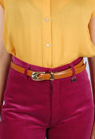 VINTAGE 90S NARROW LEATHER BELT WITH GOLD/SILVER BUCKLE
