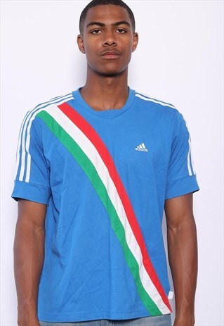 VINTAGE ADIDAS LOGO ITALIA THREE STRIPE T-SHIRT BLUE